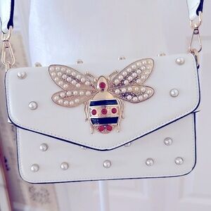 Pearl Embellished Bumblebee White Crossbody 2 Straps Detachable Cloth & Chain
